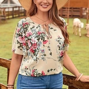 Plus Size Floral Print Blouse, Spring Knotted Neck Short Sleeve Elegant Blouse,